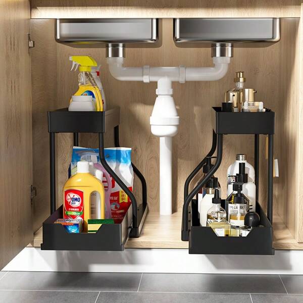 2 Tier Under Sink Organizer, 2 Tier Multi-Purpose Kitchen And Bathroom Organizer And Storage With Sliding Drawers, Bathroom Cabinet Organizer, Storage Rack With 5 Hooks, 2 Hanging Baskets