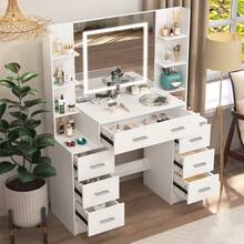 Tocador con espejo y luces LED, mesa de maquillaje con 7 cajones - Blanco - Ver 3