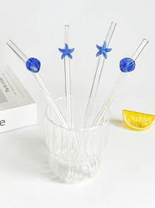 1/2/4 件可爱卡通玻璃吸管，带蓝色贝壳/海星饰物，适用于水杯，易于清洁且可重复使用的饮用吸管，适用于冷饮、奶茶、咖啡、果汁、冰沙、厨房、餐厅、鸡尾酒会、返校、送给女朋友/男朋友、父母、朋友的礼物、节日用品。 - 款式1 - 查看 7