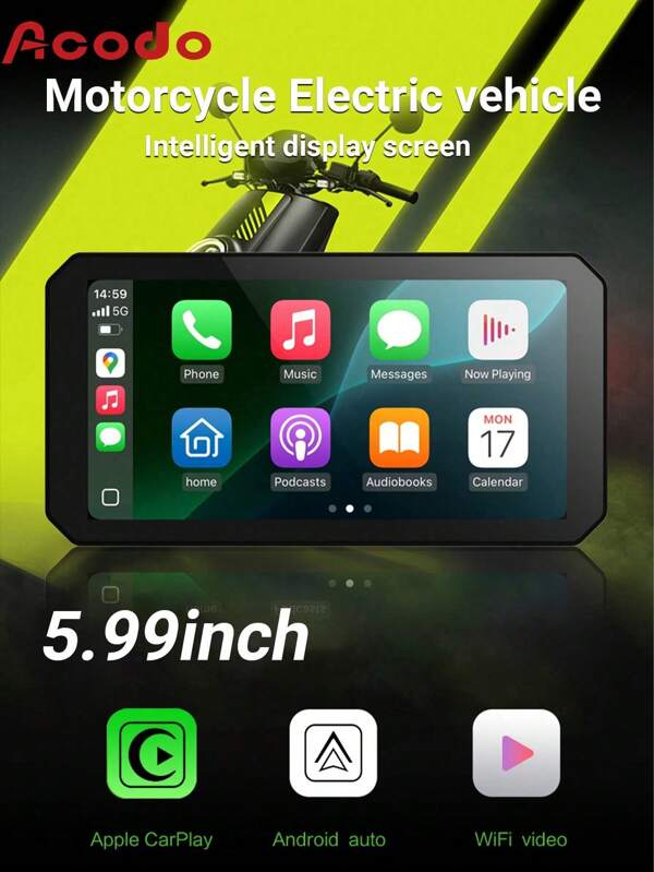 Acodo Acodo 2025 Marke Neu 5,99 Zoll Motorrad Display Monitor mit GPS, kabellosem Carplay und Android Auto, tragbare Dashcam, IPX67 wasserdicht