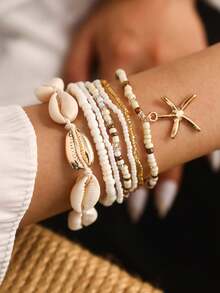 A Set Of 7 Pieces/Set Bohemian Style Ladies' Pearl Bracelets And Ankle Bracelets, With Shells, Pearls, And Star Pendants (Pearl Colors Are Matched Randomly) Valentine's Day Accessories