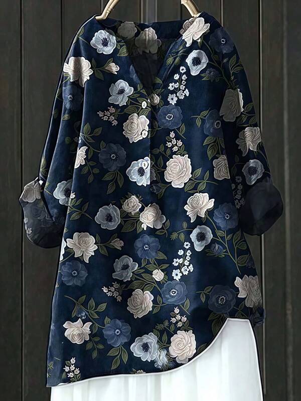 Women's Floral Print Long Sleeve V-Neck Button Front Bohemian Style Blouse, Casual Everyday Wear For Spring, Summer, Autumn, Winter