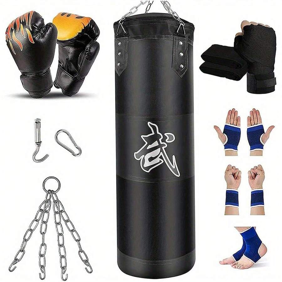 Unfilled Heavy Bag Training Set For Adults - Includes Gloves, Wraps, Chain & Hook For Boxing, MMA, Kickboxing - 黑色 - 查看 1