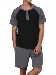Men's Cotton Pajamas Sets V Neck Lounge Set Sleepwears With Pockethalloween - Black Color Block - View 1
