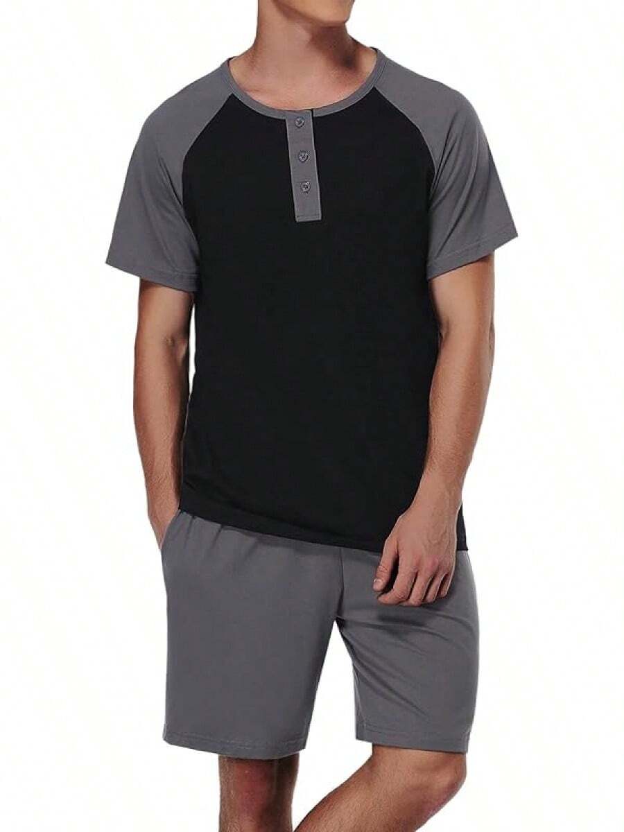 Men's Cotton Pajamas Sets V Neck Lounge Set Sleepwears With Pockethalloween - Black Color Block - View 1