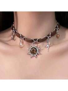 Meilade Star Moon Sun Pendant din piele Patchwork claviculă colier pentru femei la modă europeană și americană versatil minoritate dulce temperament gât