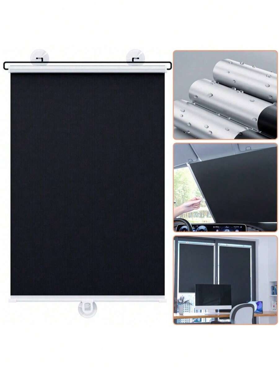 免钻孔遮光窗帘带 3 个吸盘黑色可伸缩卷轴便携式窗帘适用于家庭办公室汽车 - 彩色 - 查看 1