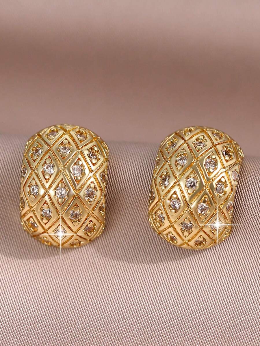 jealous young 1pair Glamorous Golden Micro-Inlaid Zirconia Rhombus Geometric Stud Earrings,Suitable For Daily Commute Wear - Yellow Gold - View 1