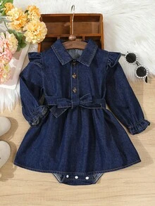 Cap Sleeve Denim Jumpsuit, Collared Cardigan Romper For Toddler Girls - Medium Wash - View 1