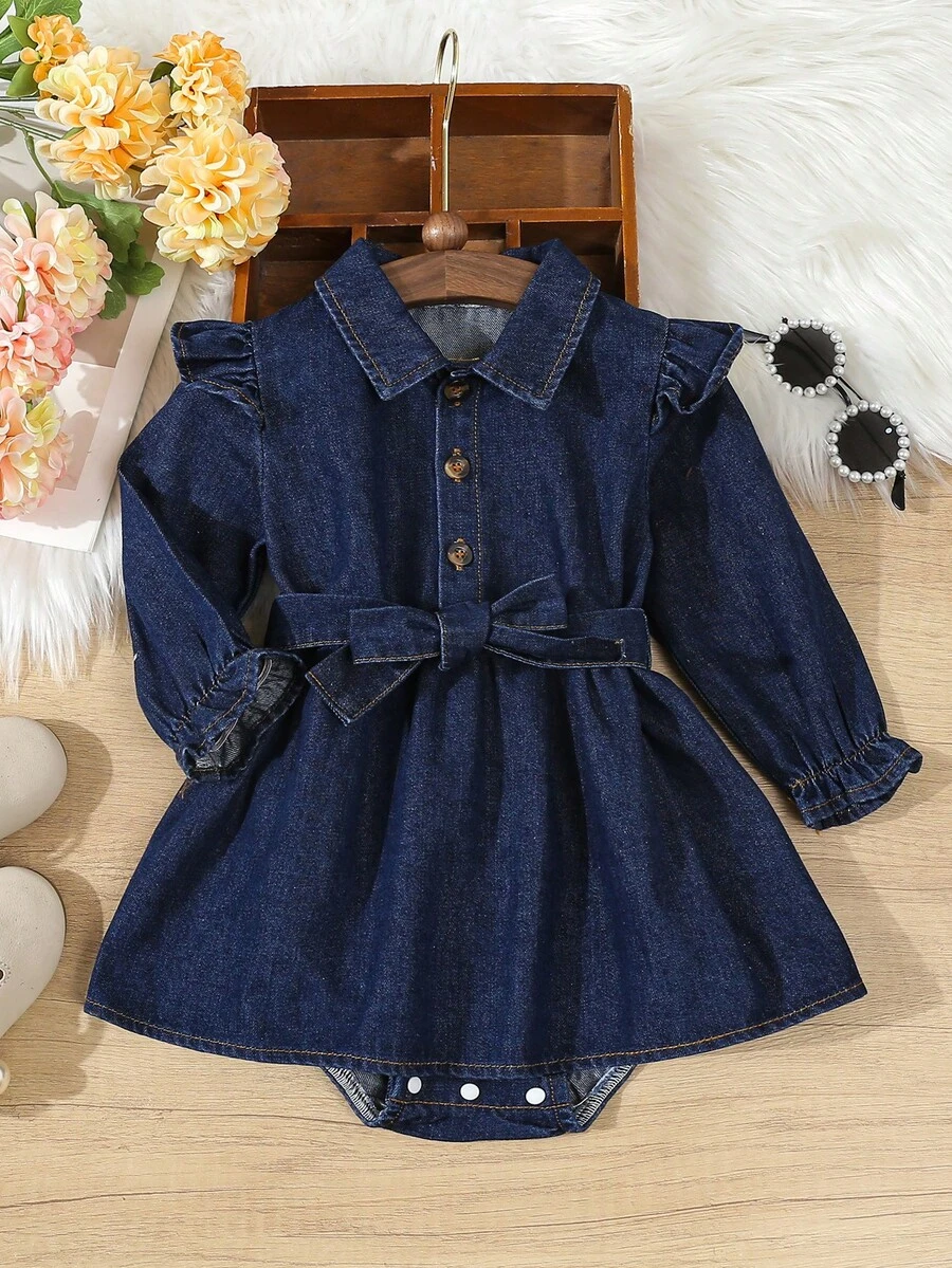Cap Sleeve Denim Jumpsuit, Collared Cardigan Romper For Toddler Girls - Medium Wash - View 1