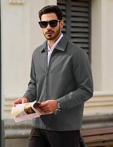 Men's Cotton Full Zip Up Work Jackets Turndown Collar Business Casual Windbreaker With 3 PocketsChristmas O5SK - 深灰色 - 查看 9