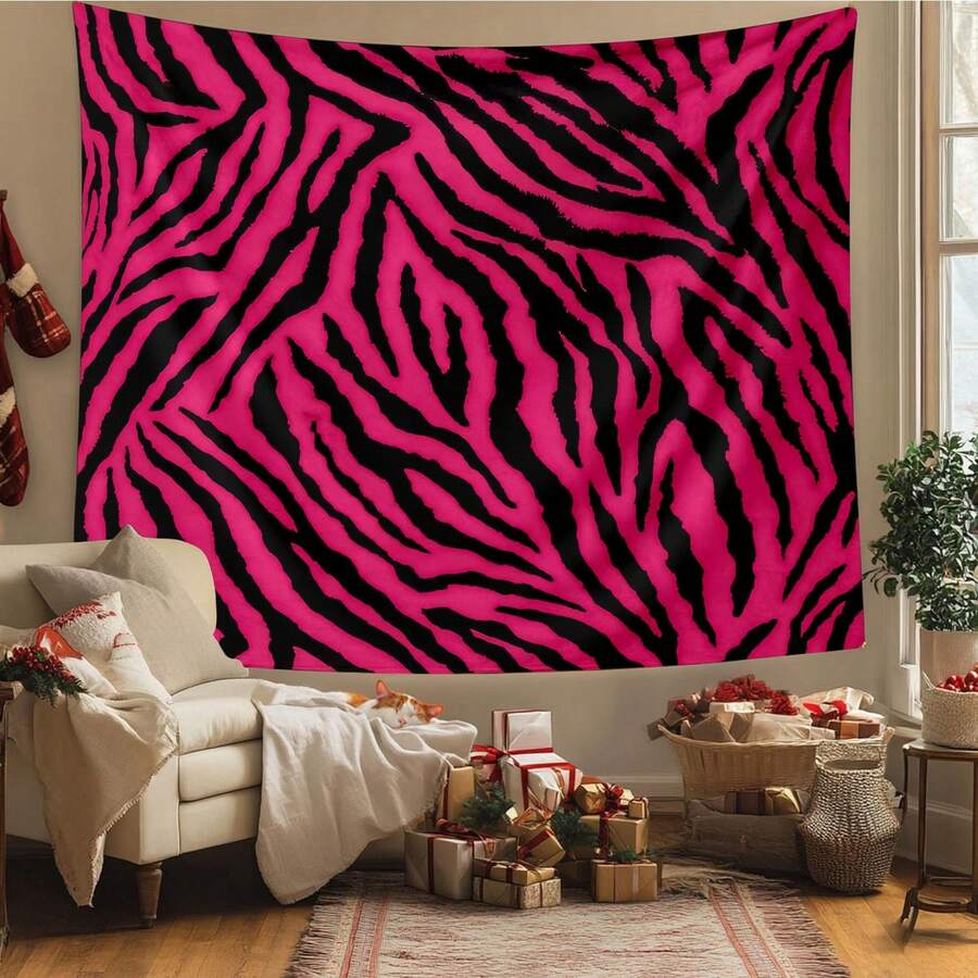1pc Polyester Zebra Pattern Tapestry, Abstract Design, Room Decor Accent, Vibrant Pink And Black, Suitable For Living Room, Bedroom And Office, Fashionable Home Interior Decoration, Eye-Catching Large Tapestry - Multicolor - View 1