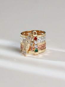 1pc Handmade Tri-Color Virgin Mary Semanario Layered Ring With Random Gemstone Colors Virgen De Guadalupe Anillo With Zirconia Cross Charm Suitable For Gifts, Friends, Daily & Holiday Wear