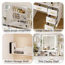 Large Vanity Table With LED Mirror, 3-Color Light And Multi-Tiered Shelves, 7 Drawers With Opening Mirrors. - White - View 5