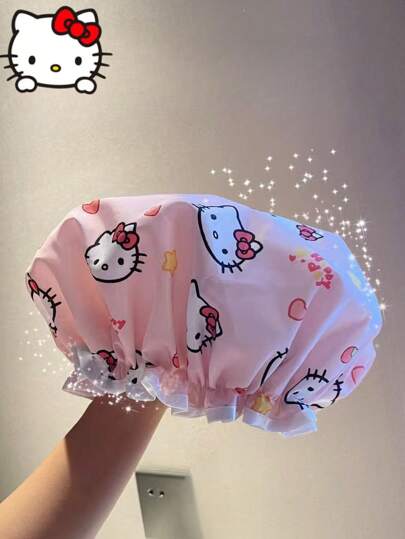Sanrio 1pc Hello Kitty Waterproof Shower Cap – Home Use Bath Shower Cap, New Style Anti-Wet Hair Cover, Kitchen Anti-Oil & Smoke Hat, Thickened Double-Layer Multifunctional Waterproof Cap.
