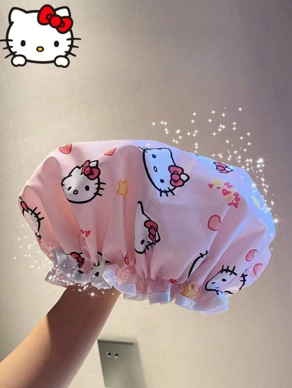 Sanrio 1pc Hello Kitty Waterproof Shower Cap – Home Use Bath Shower Cap, New Style Anti-Wet Hair Cover, Kitchen Anti-Oil & Smoke Hat, Thickened Double-Layer Multifunctional Waterproof Cap.