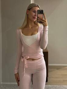 Women 2 Piece Outfits Casual Solid Color Tie Up Hem Wrap Long Sleeves Tops And Elastic Flare Pants Set Streetwear - 粉色 - 查看 1