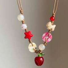 1Pcs Kawaii Resin Apple Necklace - Hand-Strung Bead Choker With Bitten Apple & Ladybug Charm, Dopamine Red-White Jewelry, Cute Gift For Best Friend - Dây chuyền quả táo đỏ (Kiểu C) - Xem 8