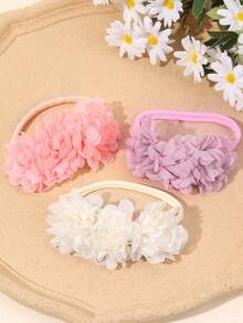 3件組雪紡花朵髮箍，可愛花朵髮箍適合嬰兒、幼兒、新生兒，純色彈性尼龍髮箍，柔軟舒適的日常兒童嬰兒髮飾 - 彩色 - 查看 6