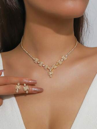 3 pièces Set de bijoux de luxe pour femmes, collier + boucles d'oreilles en zircone cristalline, à la mode et élégant, convient pour les fêtes, les galas, les mariages, les vacances