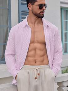 Camicia casual da uomo in tessuto goffrato a righe, morbida e confortevole, adatta per uso domestico o pendolare, versatile, elegante stile da uomo