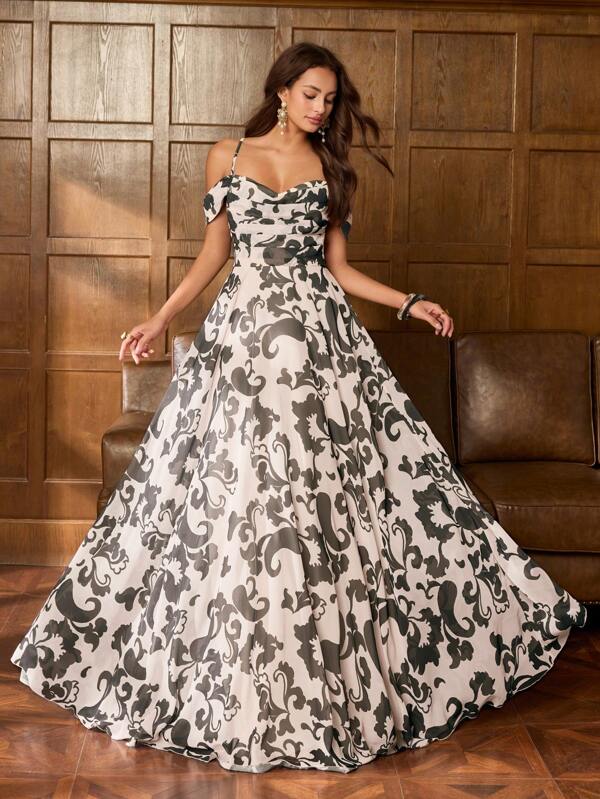Faeriesty Faeriesty Printing Vintage Chiffon Floor-Length Party Dress With Crossed Spaghetti Straps Off-The-Shoulder, Crossed Back Ties, & Delicate Floral Motifs - Effortlessly Elegant, Perfect For Casual Outings, Afternoon Teas, Bridal Showers, And Everyday Chic Wear