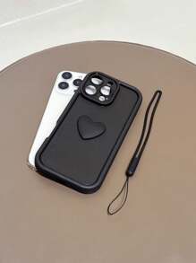 1 pieza Funda de teléfono con forma de corazón negro + 1 pieza Cordón de silicona negra, compatible con iPhone 11, 12, 13, 14, 15, 16 Pro Max, S25 Ultra, S24 Plus, A53