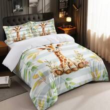 Oversized Cartoon Giraffe Print Bedding Set With 2pcs Pillow Cases, Zipper Closure, Suitable For Queen Or King Size Beds In Dorm, Bedroom