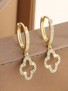 1 Pair Copper Encrusted Luxurious Hoop Earrings, Elegant Floral & Star Cutout Drop Earrings