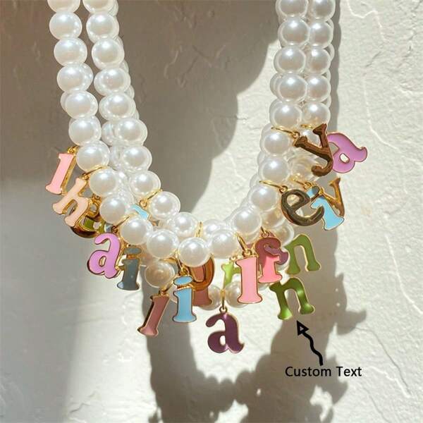 1pc Personalized Colorful Letter Name Pearl Necklace For Women, Daily Stackable Necklace With High Color Fastness And Low Allergenicity, Charm Jewelry Gift For Friends, Couples And Family, Round Bubble Initial Ring