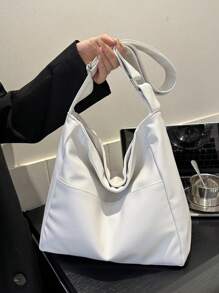 Solid Color PU Fabric Simple Large Capacity Handbag, Solid Color Casual Shoulder Bag, Women's Multifunctional Fashionable Portable Handbag, Retro Wide Shoulder Strap Square Bag, Fashionable Travel Shopping Bag, New Business Leisure School Commuting Shoulder Bag