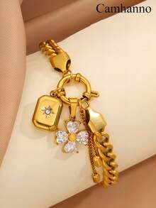 Camhanno 1pc Elegant And Fresh Gold Stainless Steel Bracelet With Unique Flower Pendant Design, Exquisite And Ideal Gift, Non Fading Jewelry, Fashionable And - Gold - View 4