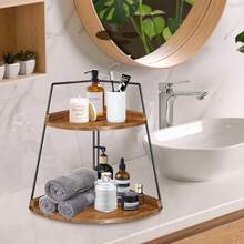 2 Tier Corner Storage Shelf Counter Standing Rack, Bathroom Counter Organizer, Wood Bathroom Organizer Countertop, Cosmetic Vanity Tray Kitchen Spice Rack, Bathroom Storage Decor - Yellowish Brown - View 2
