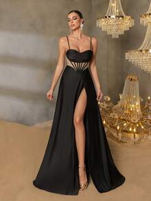 Faeriesty Dünner Spaghettiträger Rücken Schleife Hoher Schlitz Abendkleid Damen Formelles Kleid für Rote Teppich Veranstaltungen, Galas, gehobene Hochzeiten, Firmenbankette, Opernabende - Schwarz - Übersicht 4