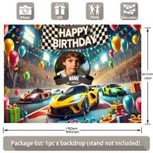 1pc Customizable Photo Name Racing Theme Happy Birthday Backdrop Race Track Black And White Flag Balloon Gift Box Pattern Design For Racing Theme Birthday Party Cake Table Decoration Photography Banner Vinyl