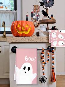 2 piezas Toallas de 15.7" X 23.6" con diseño de bloque de color y patrón de fantasma "BOO", toallas de cocina para festivales, toallas de mano para decoración del hogar, aptas para cocina, baño, limpieza de hornear, decoración de Halloween