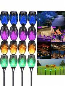Solar 12LED Flame Torch Light With Flickering Flame Solar Tiki Torch Light-Automatic On/Off Perfect For Garden Path And Outdoor Landscape Pathway Lighting Courtyard And Garden Halloween Decoration (Green) (Purple) (Blue) (Flame Color) Suitable For Various Holiday Decorations For Thanksgiving And Easter Halloween Decorations Lights,6/4/2/1pc - Multicolor - View 10
