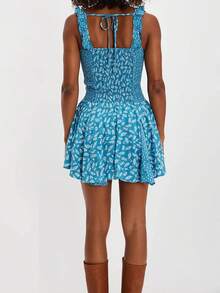 Womens Sleeveless V Neck Floral Boho Dress Ruffle Trim Back Tie Smocked Summer Beach Mini Flared Tank Dress - Màu xanh lam - Xem 5