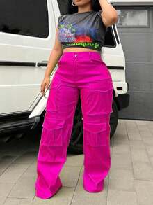 Pantalones cargo de punto elástico de unicolor con bolsillos para talla grande - Rosa Fucsia - Ver 3