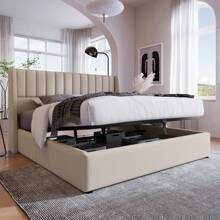 Cama tapizada 160x200 cm, cama hidráulica de lino, diseño de rayas verticales, somier moderno con espacio de almacenaje, cama funcional con canapé, estructura de metal, color beige lino