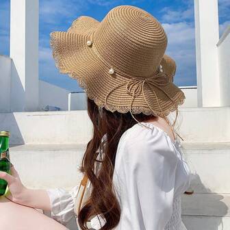 1pc Pearl Decor Ruffled Brim Straw Hat, Summer Beach Resort Sun Protection Sunhat