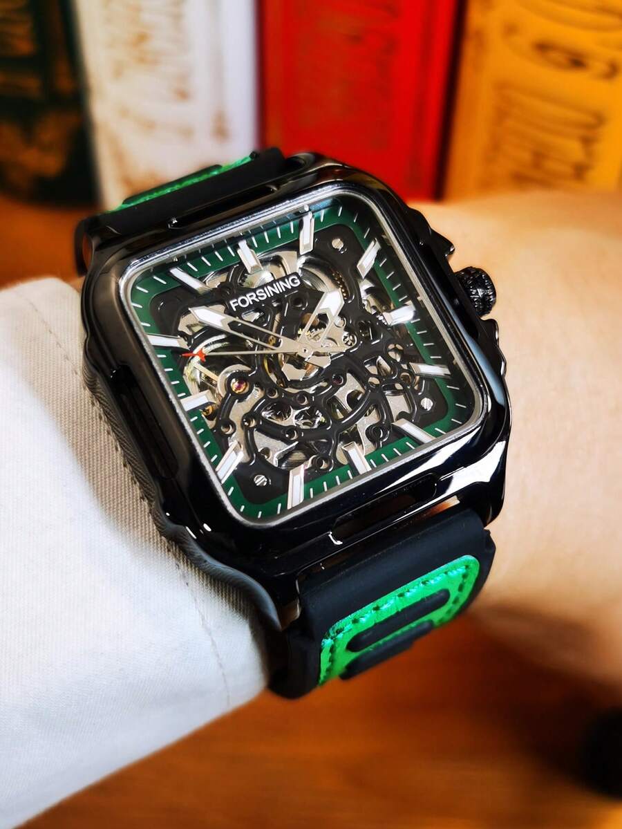 1 件运动时尚镂空自动机械表男士夜光指针橡胶皮革表带商务休闲男士手表礼物