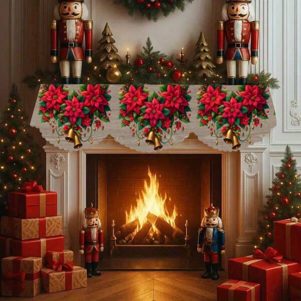 1 pieza Bufanda de chimenea navideña, bufanda con estampado de flores de Pascua y madera para el manto de la chimenea, adecuada para la decoración navideña, regalo festivo, suministros para fiestas, se puede usar como mantel, camino de mesa o cubierta de chimenea, decoración perfecta para el hogar y la sala de estar
