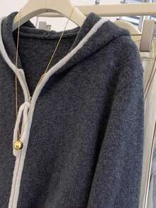 JIANHU Casual Zip Up Knit Hoodie With Contrast Trim, Relaxed Fit Fall Winter Essential