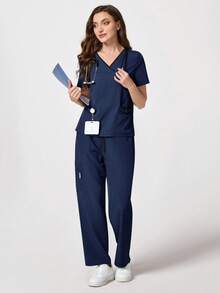 Women V-Neck Color Block Stripe Multi-Pocket Drawstring Scrubs Nurse Scrub Uniform Set, Workwear For Dentist, Healthcare, Pet Hospital, Laboratory - Navy Blue - View 4
