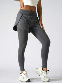 1pc 2 In 1 Style Elastic Long Sport Pants With Dual Side Pockets For Women, Running Fitness