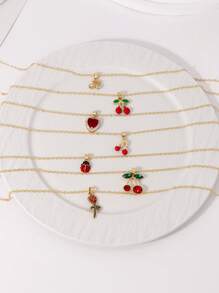 7 Stücke/Set eleganter Schmuckset mit Strass-Anhängern in Form von Kirsche, Herz, Rose, Marienkäfer, mehrschichtige Halsketten, geeignet für Frauen, Alltag, Date, Party, Urlaubsgeschenk