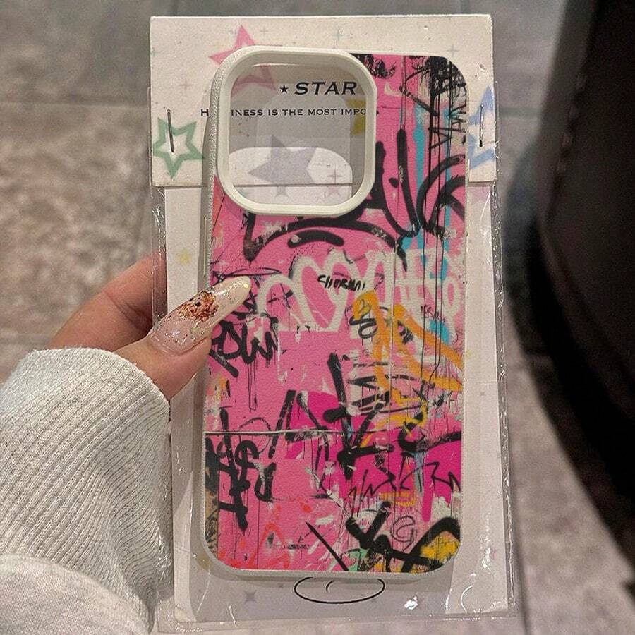 1pc TPU Material Graffiti Pink Letter Art Pattern Phone Case Compatible With Apple/ Phones - White - View 1