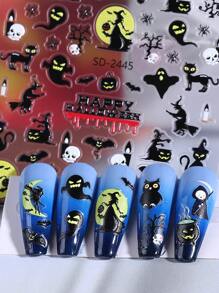 2 PIEZAS Pegatinas de uñas con relieve 5D espeluznantes para Halloween con gato negro, telaraña, murciélago, negro oscuro, decoraciones de uñas autoadhesivas tipo slider góticas Y2K para decoración de manicura en festividad de Halloween