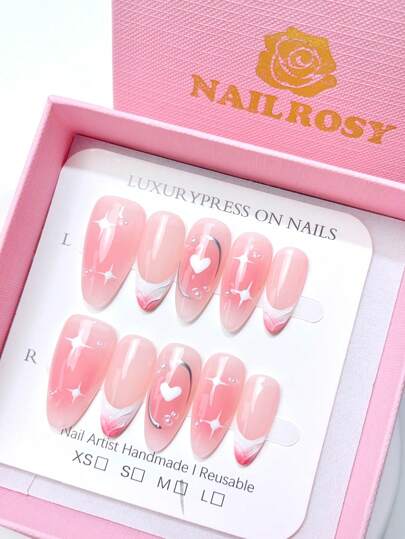 nailrosy 10Pcs Handmade Press On Nails Kit Long Almond Red White Pink Acrylic Beach Essentials Nail Supplies Fake Nails Stickers (Random Packaging Card)3D Floral Manicure Y2K Cute Suitable For Girls And Women Festivals Parties And Daily Wear Gems Stuff French Gems Stuff